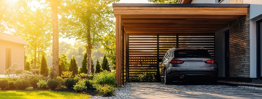 Moderner Carport aus Holz neben einem Einfamilienhaus, der ein neues und zeitgemäßes Design zeigt. Hochauflösendes Bild, aufgenommen mit einer professionellen DSLR-Kamera.