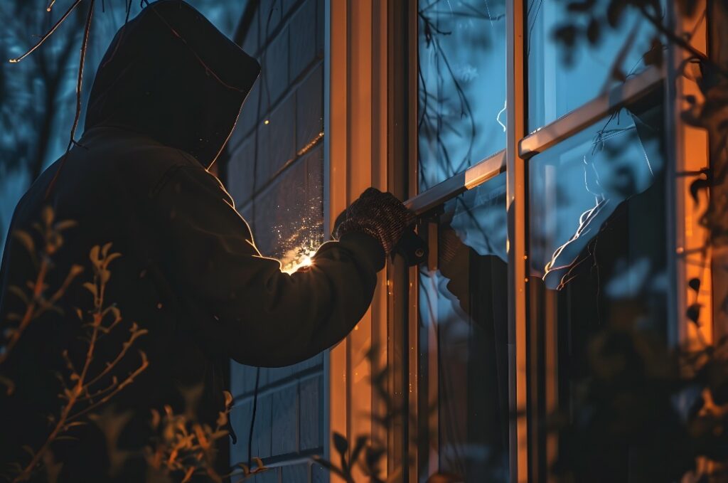 Ein Einbrecher, der einen schwarzen Kapuzenpulli und Handschuhe trägt, bricht durch ein Fenster in ein Haus ein. Der Einbrecher könnte mit einer Taschenlampe nach Wertgegenständen suchen.