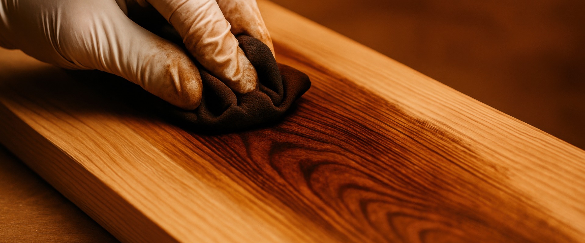 Hand im Schutzhandschuh beim Auftragen von Holzbeize auf eine Holzoberfläche, um Maserung und Struktur für Möbel oder Bodenbeläge hervorzuheben