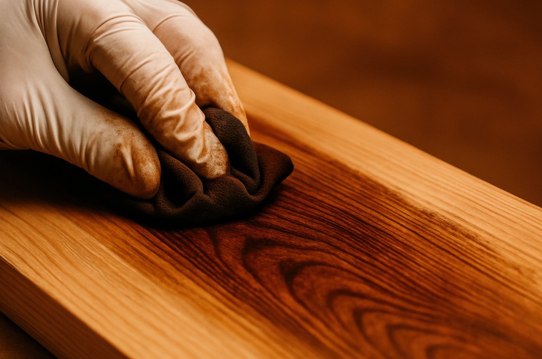 Hand im Schutzhandschuh beim Auftragen von Holzbeize auf eine Holzoberfläche, um Maserung und Struktur für Möbel oder Bodenbeläge hervorzuheben