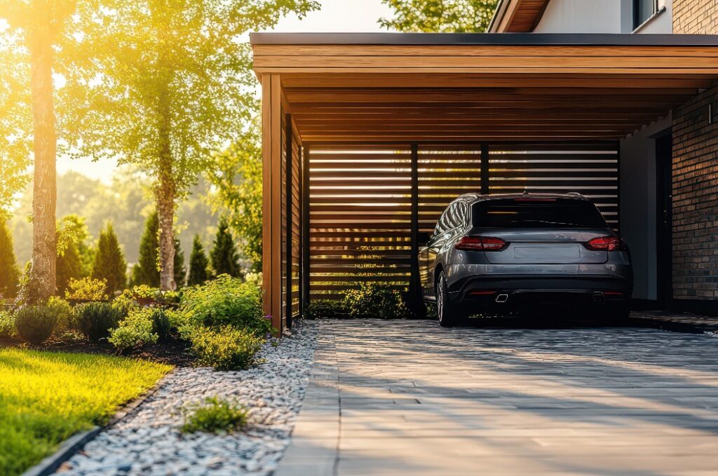 Moderner Carport aus Holz neben einem Einfamilienhaus, der ein neues und zeitgemäßes Design zeigt. Hochauflösendes Bild, aufgenommen mit einer professionellen DSLR-Kamera.