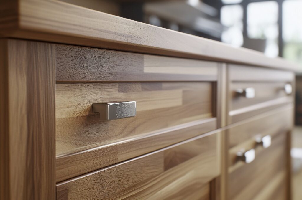 Schreiner bei der Installation eines maßgefertigten Schranks in einem Haus. Mit Schrankbau und Installation