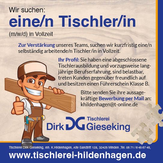 Ein lächelnder Cartoon Tischler mit Werkzeugen und blauer Kappe neben Text in Blau