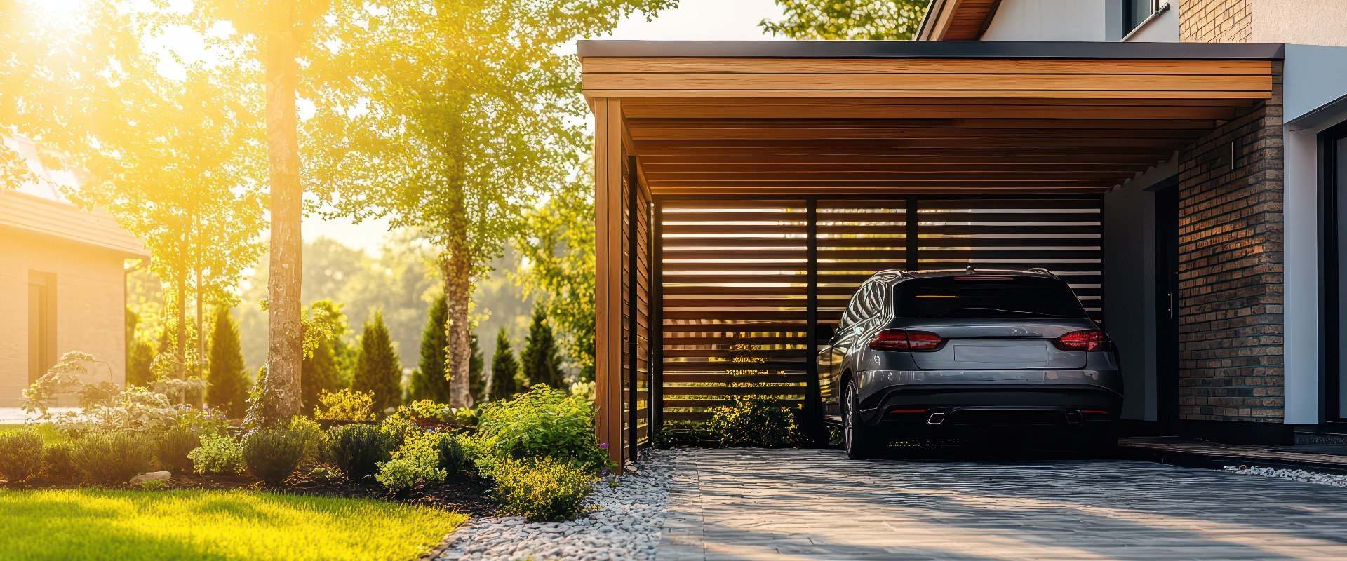 Moderner Carport aus Holz neben einem Einfamilienhaus, der sich durch ein neues und zeitgemäßes Design auszeichnet. Hochauflösendes Bild, aufgenommen mit einer professionellen DSLR-Kamera.